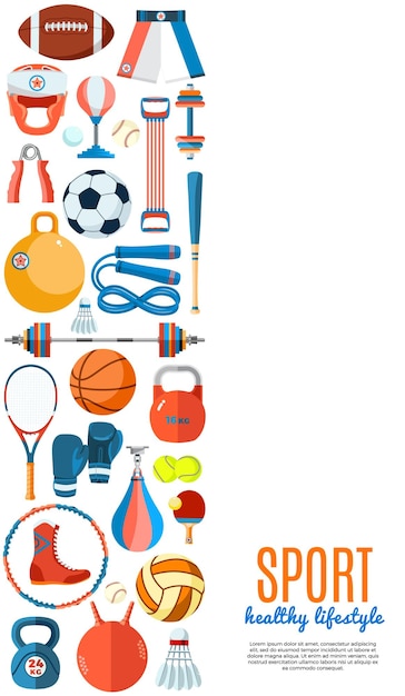 Poster with sport and gaming equipment Vector illustration of healthy lifestyle tools and elements