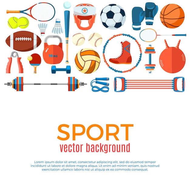 Vettore poster con attrezzature per lo sport e il gioco illustrazione vettoriale di strumenti ed elementi per uno stile di vita sano