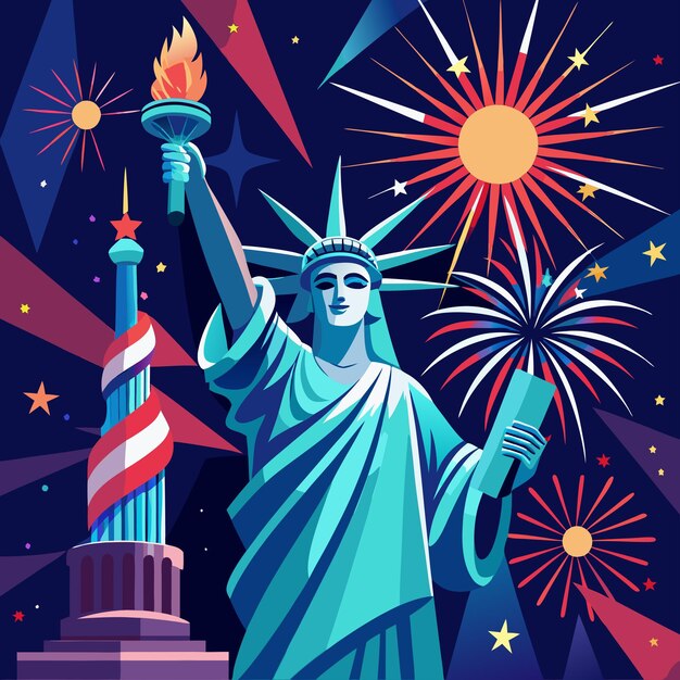 Vector a poster with the statue of liberty and fireworks
