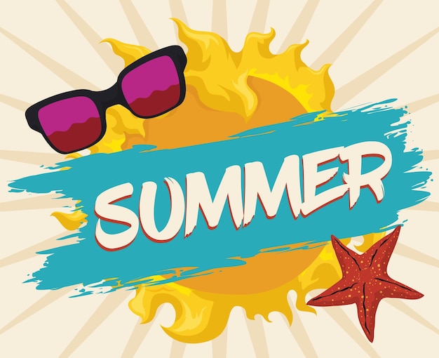 夏の要素サングラス ヒトデと太陽のポスター