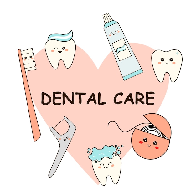 Vector poster with toothbrush toothpaste tube floss tooth oral hygiene care dentistry concept