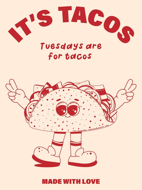 Vector poster with trendy retro cartoon fast food characters in linear style without shading