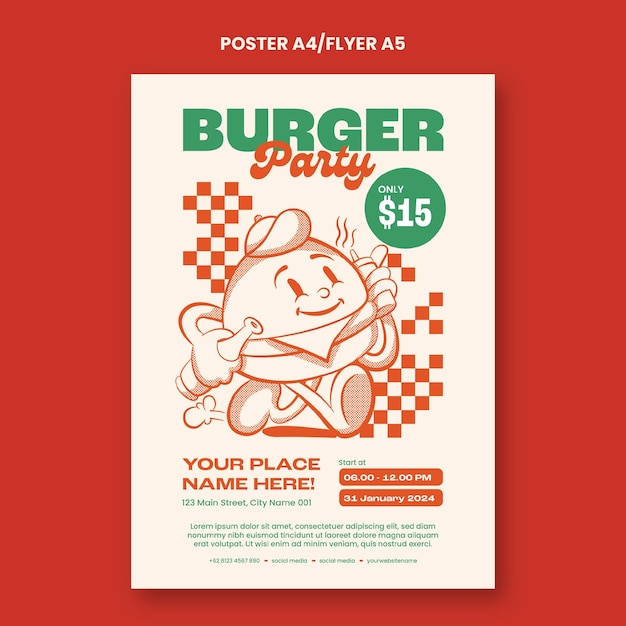 Poster with trendy retro groovy burger cartoon style on 90s character in monochrome red palette