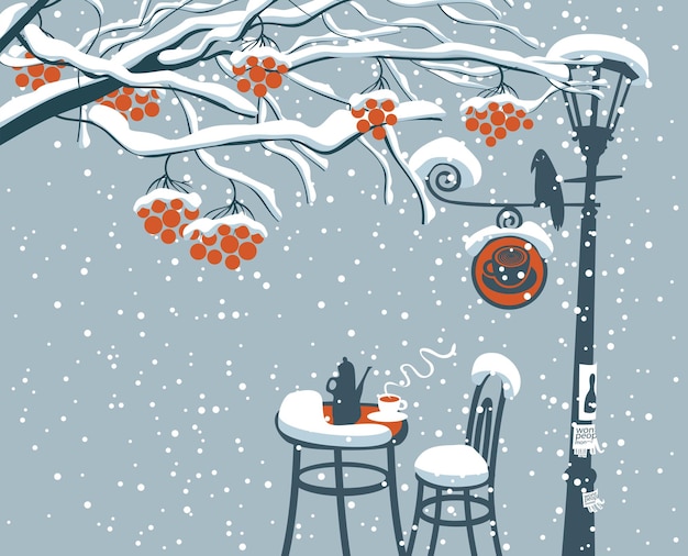 poster with winter street cafe