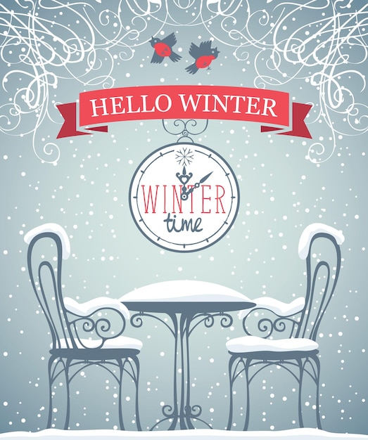 Poster with winter street cafe