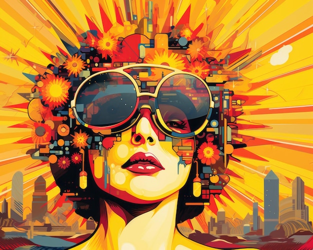 A poster with a woman wearing sunglasses and a sunburst on her head