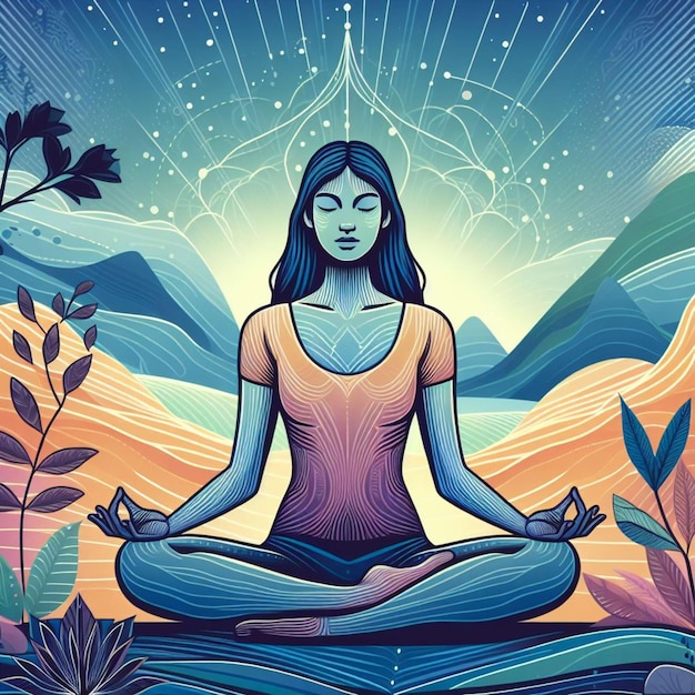 a poster with a woman in a yoga pose in front of a mountain