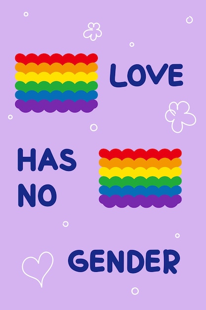 Vettore poster con la scritta love has no gender e strisce arcobaleno su sfondo lilla