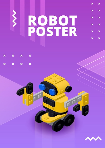 Vector poster with a yellow robot assembled from plastic blocks in isometric style for printing and design vector illustration