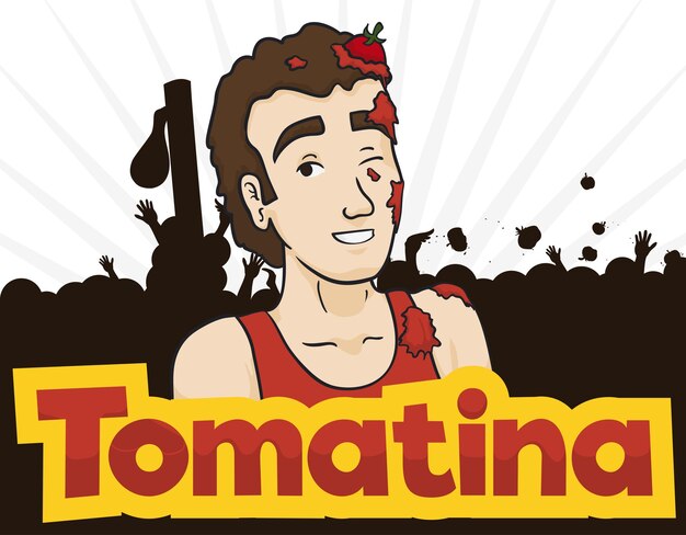 Poster with young man covered with splattered tomatoes with a multitude celebrating Tomatina