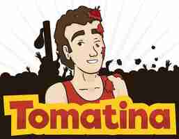 Vector poster with young man covered with splattered tomatoes with a multitude celebrating tomatina