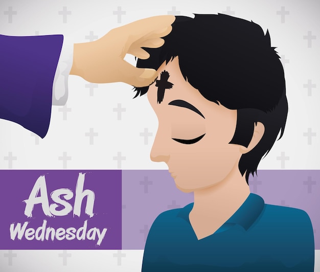 Vector poster with young man receiving the ash cross from the priest on ash wednesday celebration