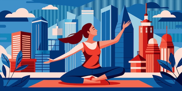 Vector a poster of a woman doing yoga in a city