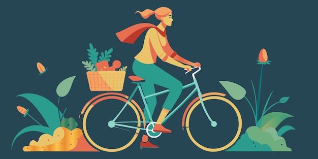 a poster for a woman riding a bike with a basket of fruit in her hand