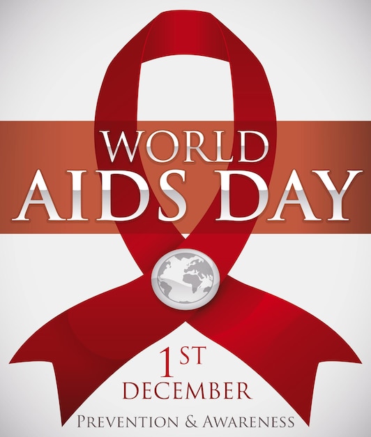 Poster for World AIDS Day with a red ribbon silver badge with globe inside and date in December 1