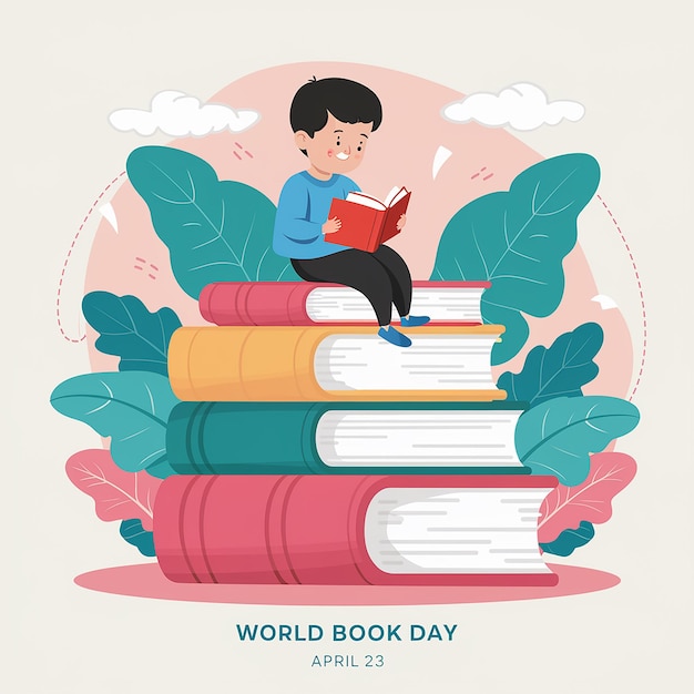 a poster for the world book day with a boy reading a book