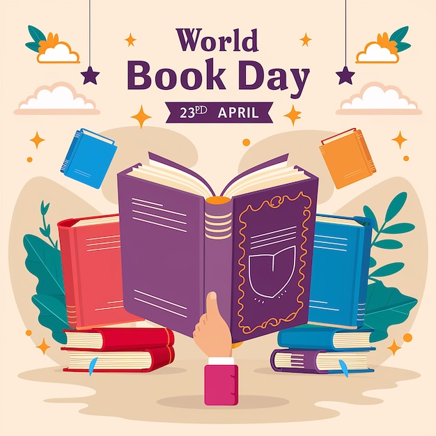 a poster for world book with a persons hand on the front