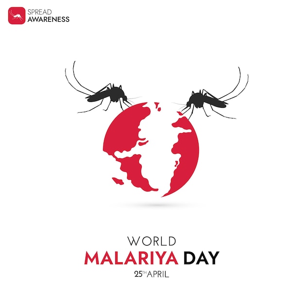 Un poster per la giornata mondiale contro la malaria con sopra un mappamondo e un paio di zanzare.