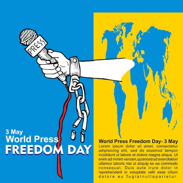 Vector a poster for world press freedom day with a hand chained to a microphone.