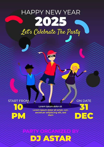 a poster for the year 2012 party with people dancing in the background