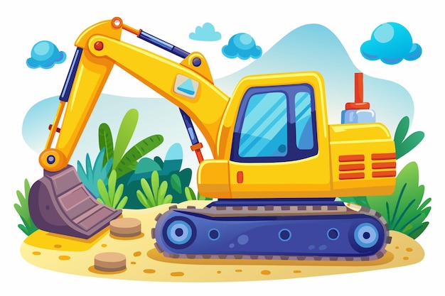 a poster of a yellow excavator with a blue sky and clouds in the background