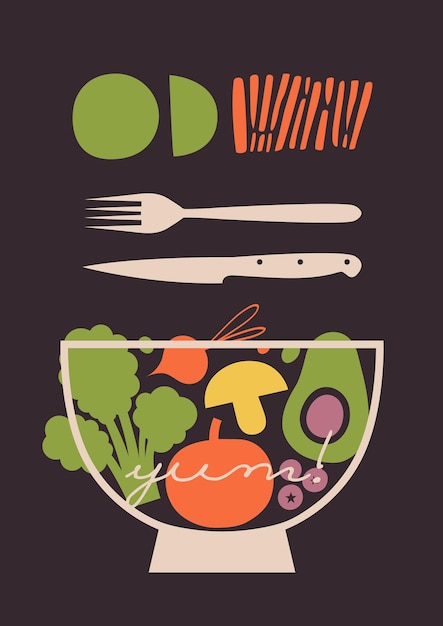 Posterontwerp met groenten, bessen, kom, vork, mes, plakjes, belettering. Vegetarisch, veganistisch concept