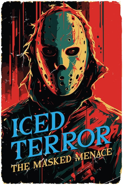 Vector posterontwerp voor een fictieve 80s horrorfilm genaamd iced terror the masked menace