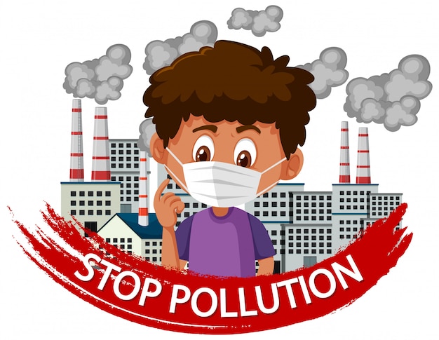 Posterontwerp voor stopvervuiling met jongen die masker draagt