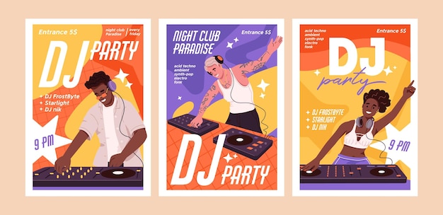 Posters of disco party with disc jockeys in night club Techno musicians mixing tracks play electro music with mixer console Promotion of DJ performance on placards Flat vector illustrations