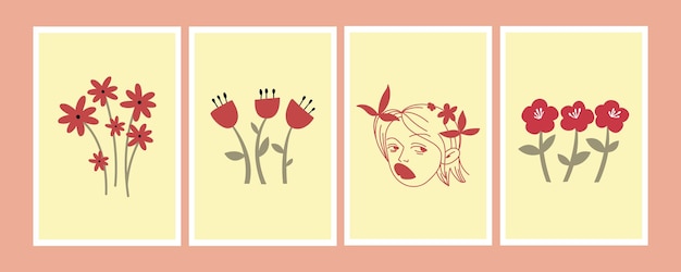 Poster doodle style set vector clipart carino stagionale illustrazioni disegnate a mano per biglietti di auguri striscioni e disegni di magliette elementi vegetali decori fiori rossi tutti gli elementi sono isolati