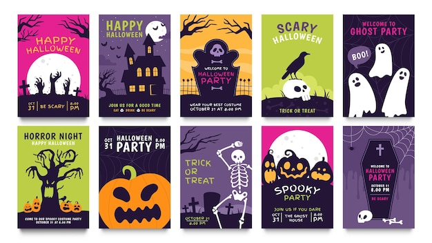 Vector posters for halloween party. horror movie night flyer, ticket and trick or treat invitation with skeleton, zombie, scary pumpkin vector set. illustration halloween night party and invitation poster