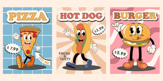 Posters met trendy retro groovy fastfoodkarakters Groovy funky in trendy retro cartoon