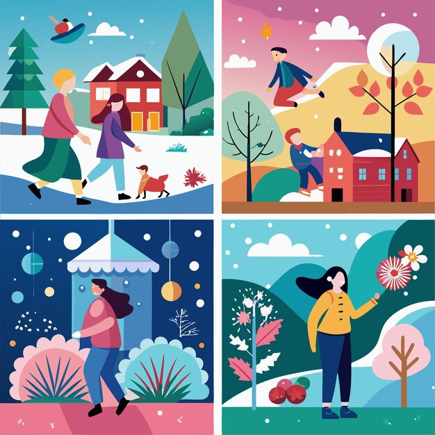 Vector posters of seasons winter spring summer autumn illustrations of a family in nature girl in a landscape