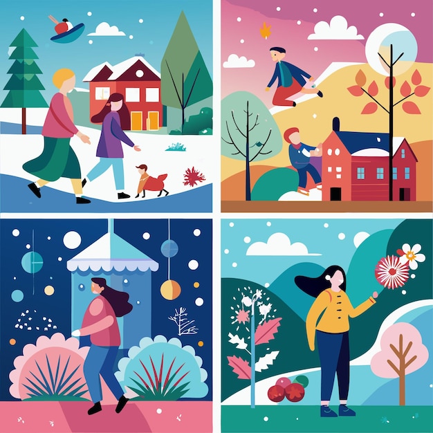 Vector posters of seasons winter spring summer autumn illustrations of a family in nature girl in a landscape