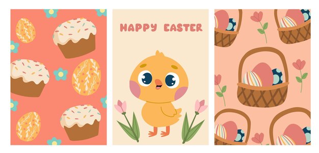 Posters set with cute bunny and chicken spring flowers and colored eggs Vector flat illustration