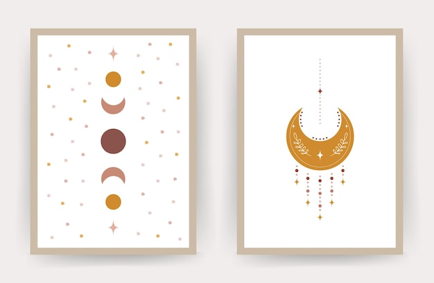 Posters with abstract boho moon. scandinavian frame