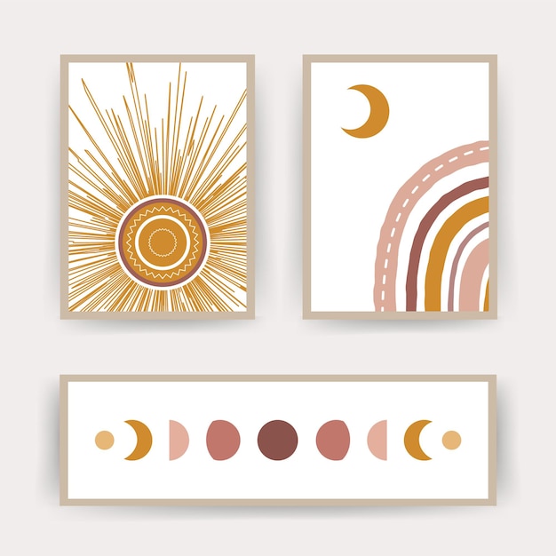 Posters with abstract rainbow, moon and sun. contemporary geometric illustrations for print.