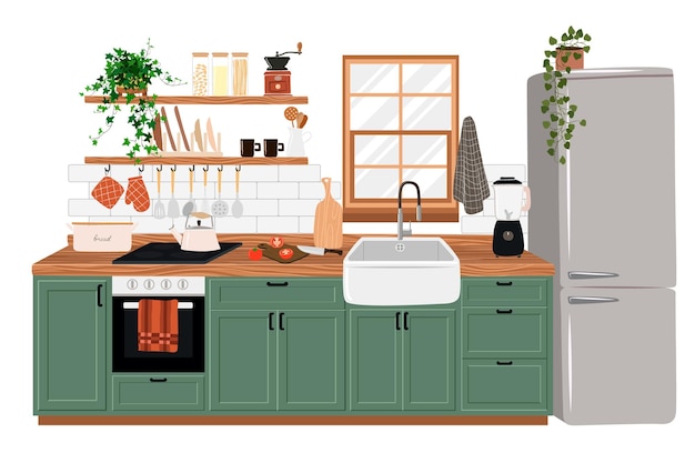 ベクトル キッチンの居心地の良いインテリアと引用句のポスター キッチン家具のキャビネットと調理器具