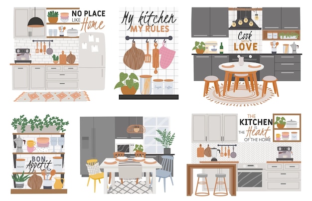 Posters with cozy kitchen room interiors and cook quotes. kitchens furniture, cabinets, dining table and utensils. hygge cooking vector set. kitchen home quote, domestic banner illustration