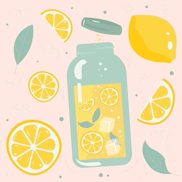 posters with lemonade pot, lemons, mint and ice on pink background