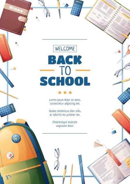 Vector postersjabloon met schoolrugzakboeken en briefpapier flyerontwerp rond het thema schoolonderwijs terug naar school schooltijd studeren banner achtergrond posterformaat a4