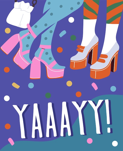 Postkaart voor feestconcept Vrouw in sokken en schoenen Leuk entertainment en vrije tijd Festival en vakantie Verjaardagviering Template en lay-out Cartoon platte vector illustratie