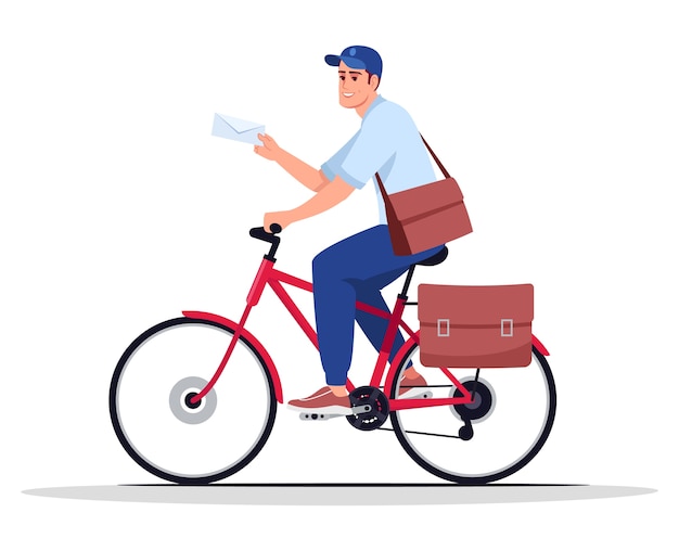 Vector postman on bike semi  rgb color  illustration. mailman with envelope. postal carrier. post service male worker delivering letter  cartoon character on white background