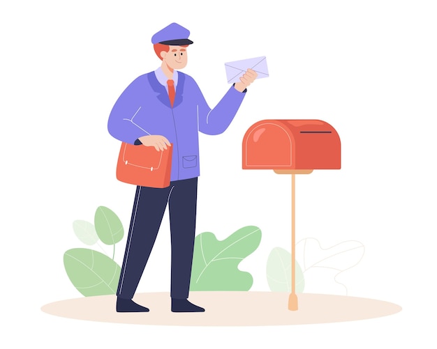 Vector postman cartoon character with letter next to mailbox. postal worker in uniform flat vector illustration. delivery, mail, correspondence concept for banner, website design or landing web page