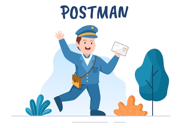 Postman cartoon vector illustration wearing uniform and carrying envelope in mailbox