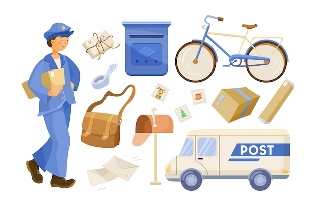 Set di caratteri del postino e servizio di consegna. illustrazioni vettoriali di postino con borsa che consegna lettere e scatole. cartoon bicicletta postale e auto, cassetta postale isolata su bianco. concetto di ufficio postale