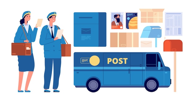 Vector postman characters. postal mailman, woman man in uniform send envelopes. post office equipment parcel letter, delivery service vector set. illustration postman and postal box mail