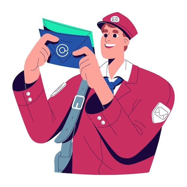 Postman delivers mail Mailman holds postal envelopes paper letters Post worker delivery correspondence Professional carrier in uniform Flat isolated vector illustration on white background