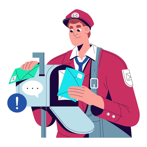 Vector postman delivers paper correspondence to postbox mailman puts letters envelopes in mailbox mail notification by post service email concept flat isolated vector illustration on white background
