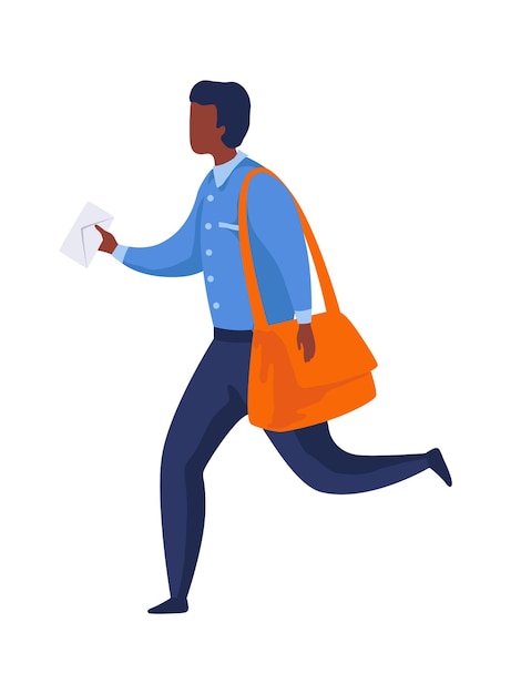 Vector postman run with letter mailman in blue uniform and big bag delivering letters envelope message and parcel express delivery in postbox logistic service cartoon vector flat character
